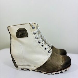 Sorel 1964 Premium Wedge Boots Women's Sz 10.5 Canvas White Olive Green